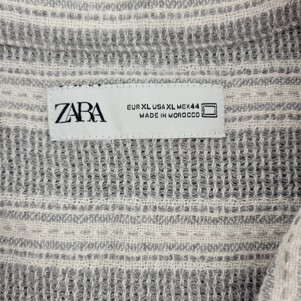 Zara Mens XL Grey White Textured Vertical Stripe Short Sleeve Camp Collar Shirt - Picture 4 of 11